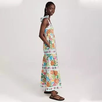 2025 лето новое женское платье без рукавов без воротника с высокой талией и растительным принтом с большим маятником на подтяжках S