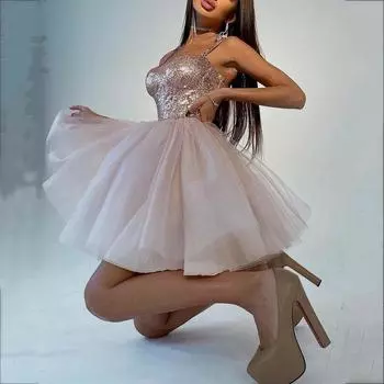 2025 лето новое женское платье подтяжки без рукавов сексуальное блестки мода пачка S розовый