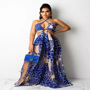 2025 Лето Новое Женское Платье С Принтом Сексуальное Платье С Холтером Большого Размера Длинное Платье S жёлтый