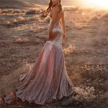 2025 Лето Новое женское сексуальное платье с пайетками на одно плечо Банкетное платье с глубоким V-образным вырезом Платье с запахом на бедрах S