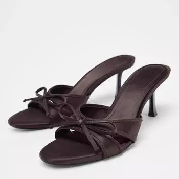 2025 лето новые дышащие босоножки с открытым носком на высоком каблуке универсальные простые с бантом на шпильке крутые шлепанцы женские 35 коричневый