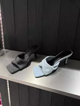 2025 лето новые джинсовые тапочки с перекрестными ремешками квадратный носок тонкий каблук средний каблук модные женские босоножки на высоком каблуке 35 королевский синий