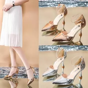 2025 лето новые французские босоножки на высоком каблуке с одним словом пряжка с острым тонким каблуком светлый рот полые женские 34 золотой