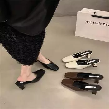 2025 лето новые квадратные босоножки женские носят универсальные толстые каблуки после пустых ленивых людей педали мешок головка высокие каблуки босоножки 35 абрикосовый