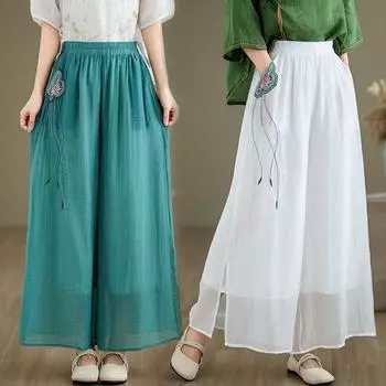 2025 лето новые свободные и тонкие брюки широкого кроя с вышивкой из Тенселя женские двухслойные брюки для йоги с эластичной талией на девяти точках M белый