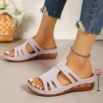 2025 Лето Новые Тапочки С Толстой Подошвой Полые Однотонные Повседневные Рыбий Рот Скошенный Каблук Полузатянутые Женские Туфли 36 темно-синий