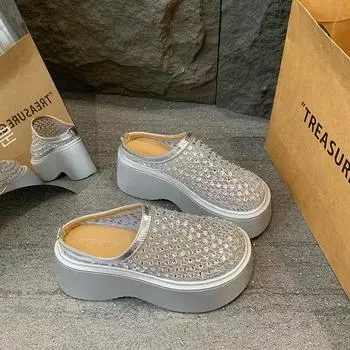 2025 лето новые толстоподошвенные тапочки с закрытым носком женские для улицы модные и универсальные повседневные ленивые тапочки-сандалии на полступни 35 серебряный