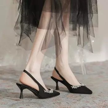 2025 лето новые туфли на высоком каблуке со стразами женские сексуальные острые задники тонкие каблуки женские тонкие пятнышки 34 чёрный