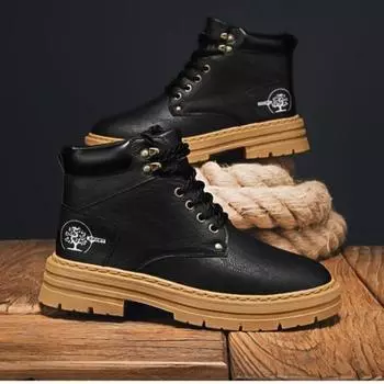 2025 Лето Новые Высокие Ботинки Martin Мужские Модные Универсальные Толстые Повседневные Кожаные Туфли Рабочая Одежда Бордовые Туфли Модная Обувь Мужская 39 чёрный