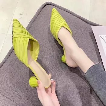 2025 лето новые женские туфли Baotou European Station полутапочки женские модные острые толстые каблуки классные тапочки 34 зелёный