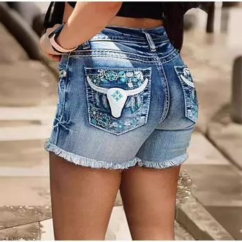 2025 Лето Новые Женские Вышитые Сексуальные Джинсовые Шорты Tide Vintage Лоскутная Уличная Одежда Со Стразами Однотонные Короткие Джинсы S синий