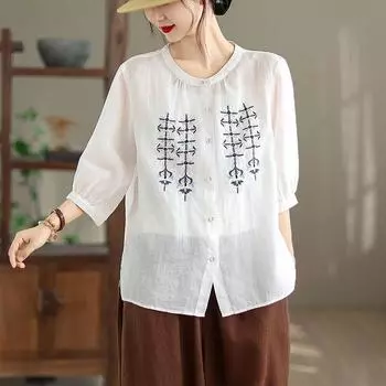 2025 лето новый большой размер тяжелая промышленность вышитая хлопково-льняная рубашка женственность воротник-стойка рубашка вышитый тонкий топ лето M белый