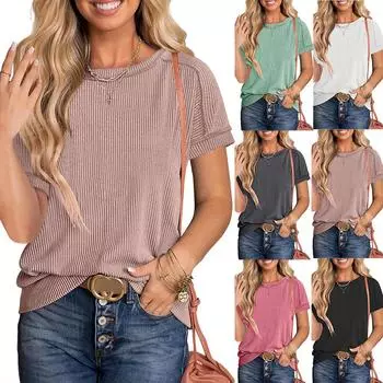 2025 лето новый круглый вырез внешний шов поворотная полоска короткий рукав свободная футболка женская S