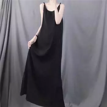2025 лето новый легкий и дышащий медно-аммиачный шелк прохладное длинное однотонное платье-сарафан женское простое повседневное платье M чёрный