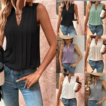 2025 Лето Новый Модный Стиль Женская Майка Плиссированная Женская Футболка с V-образным Вырезом S белый