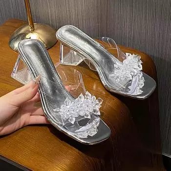2025 лето новый пояс с одним словом новый стразы прозрачный каблук сексуальный открытый носок квадратный головной убор женская обувь фея 34 прозрачный