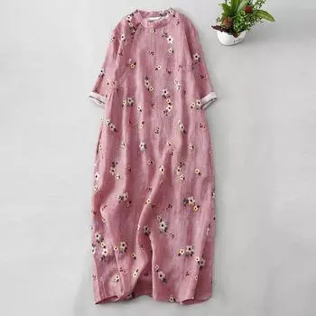 2025 лето новый принт ретро диагональная планка воротник-стойка улучшенное платье ципао женское рукав три четверти темпераментное платье средней длины M розовый