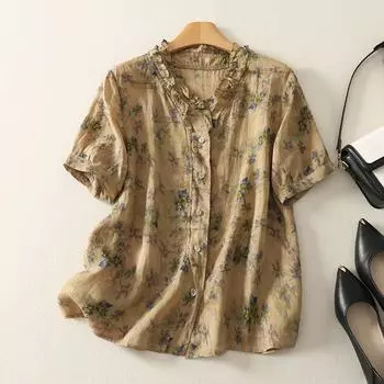 2025 лето новый ретро жареный цвет набивной хлопок и лен рубашка женская грибок край темперамент рубашка топ с короткими рукавами M хаки