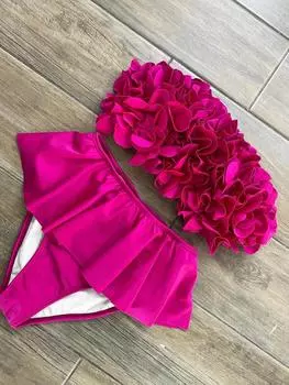 2025 Лето Новый Сексуальный Лепесток Push Up С Открытой Спиной Бикини Комплект Женщин Мода Цветок Оборки Бикини Дамский Однотонный Пляжный Купальный Костюм S