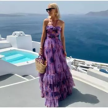 2025 Лето Новый Стиль Французский Стиль Отпускной Повседневный Темперамент Платье на Бретелях Принт Сетка Женское Холтер Длинная Юбка S светло-фиолетовый