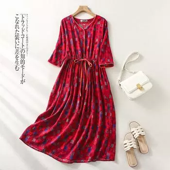 2025 лето новый темперамент ретро и тонкий хлопок и лен цветочные шнуровка талия V-образный вырез платье из рами средней и длинной ткани M красный