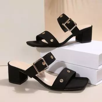 2025 лето новый ветер одно слово пряжка ремень женские большие размеры квадратный носок высокие каблуки тапочки 36 чёрный