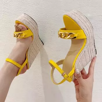 2025 Лето Открытый Носок CHAIN Solid Platform Wedges Женские Босоножки Модные Туфли На Высоком Каблуке С Открытым Носком и Толстой Подошвой 35 чёрный