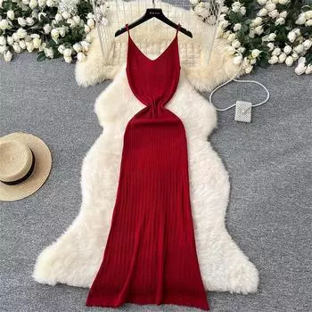 2025 Лето Трикотажное Длинное Платье на Тонких Бретельках Для Женщин Сексуальное Платье Макси с Пакетом Бедер Элегантная Одежда Для Вечеринок Наряды One Size чёрный