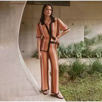 2025 Лето Винтаж Трикотажные Полосатые Лоскутные Повседневный Комплект Из 2 Частей Женский Однобортный Кардиган Завязывающиеся Брюки Уличная Одежда S