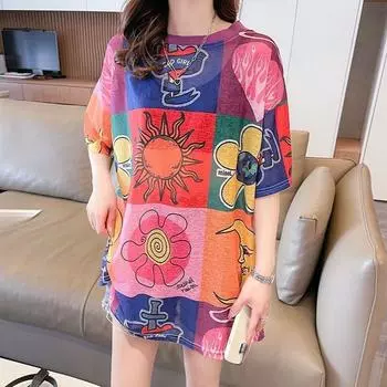 2025 Лето Женщины Tie Dy Цветочный принт Винтаж Графический повседневный свободные футболки Большие размеры Y2k Топы Модные женские футболки Harajuku Streetwear S