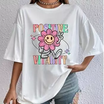 2025 Лето Женская белая футболка с забавным буквенным принтом, винтажные повседневные свободные футболки, большие размеры, топы Y2k, модная женская футболка, уличная одежда Harajuku S белый