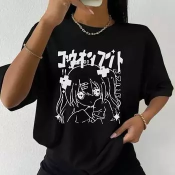 2025 Лето Женская футболка с принтом кавайных японских мультфильмов и аниме, винтажные повседневные свободные футболки, большие размеры, женские футболки Y2k, уличная одежда Harajuku S чёрный