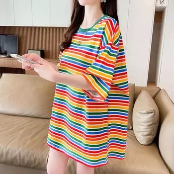 2025 Лето Женская радужная полоска Большие винтажные графические футболки Большие размеры Топы Y2k Модная женская футболка Уличная одежда Harajuku M разноцветный