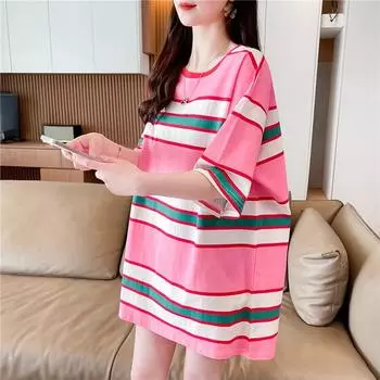 2025 Лето Женская розовая полосатая футболка свободного покроя с винтажным принтом Большие размеры Топы Y2k Модная женская футболка Уличная одежда Harajuku M