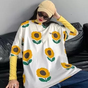 2025 Лето Женские цветочные принты винтажные Графические белые черные повседневные свободные футболки Большие размеры Y2k Топы Модные женские футболки Harajuku Streetwear S чёрный