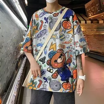 2025 Лето Женские милые мультяшные принты Винтаж Графические повседневные свободные футболки Большие размеры Топы Y2k Модные женские футболки Уличная одежда Harajuku S белый