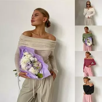 2025 Лето Женский Длинный Рукав С Открытыми Плечами Вязаный Свитер Лодочка Вырез S светло-зеленый