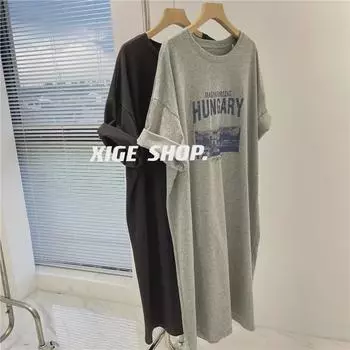 2025 Лето Женское Хлопковое Платье-Футболка Длиной До Колена С Буквальным Принтом XXL темно-серого