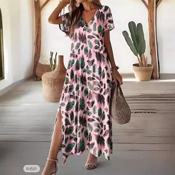 2025 лето женское новое цифровое принтованное платье с разрезом V-образным вырезом и короткими рукавами S фиолетовый