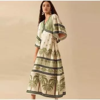2025 Лето Женское Новое Печатное Бисероплетение Свисающая Шея Голая Спина Бретелька Пляжное Длинное Платье Модное Отдыха Интернет Красное Платье S зелёный