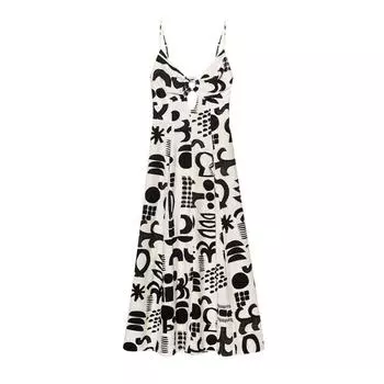 2025 Лето Женское Платье с V-образным вырезом, Большой Юбкой, Длинное, с Принтом, на Бретелях, Топ-труба, Сексуальное, А-силуэта, С Прорезями, Приталенное, Женское XS