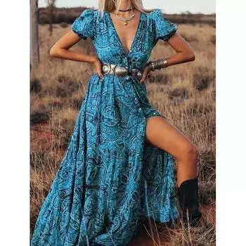 2025 Лето Женское Сексуальное Платье Для Отдыха С Принтом V-образным Вырезом Короткие Рукава Богемное Платье Для Отдыха S красный