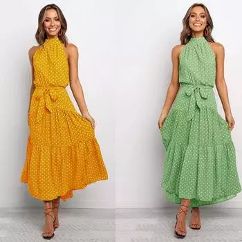 2025 Лидер продаж Женское длинное платье в горошек с халтер-воротом и шнуровкой Medium