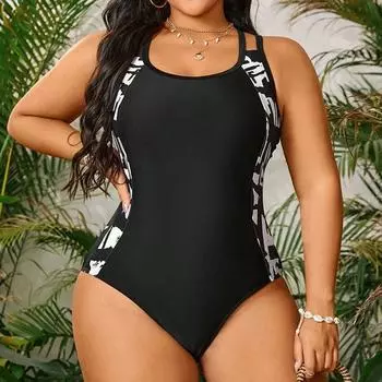 2025 Лоскутный купальник больших размеров для женщин с полыми бретелями, пухлый, пышный, цельный купальник для дам, большой купальный костюм 0XL чёрный