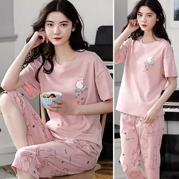 2025 Lounge Sleepwear O-Neck Sleeping Airful Girls Summer Cartoon Print Футболка Crop Брюки Комплект Повседневная Одежда M розовый
