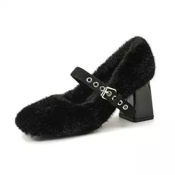 2025 Роскошные брендовые дизайнерские меховые туфли Мэри Джейн, женская мода, металлическая пряжка на ремне, теплая зимняя обувь на массивном высоком каблуке для женщин 35 бежевый