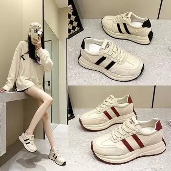 2025 Маленькие повседневные студенческие туфли Forrest Gump из натуральной кожи с толстой подошвой - белые 33