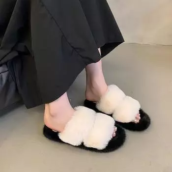 2025 Mao Mao slippers women s autumn and winter new double strip warm large size casual Baida one-word flat cotton slippers women 35 чёрный