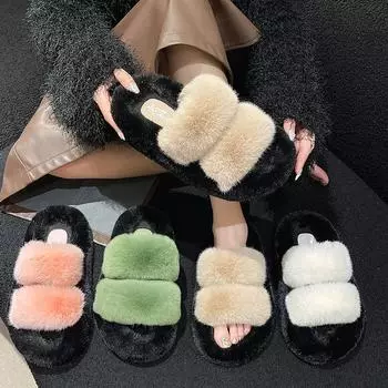 2025 Mao Mao slippers women s outer wear otter imitation rabbit fur thick bottom large size home warm confinement popular foreign trade model 35 чёрный