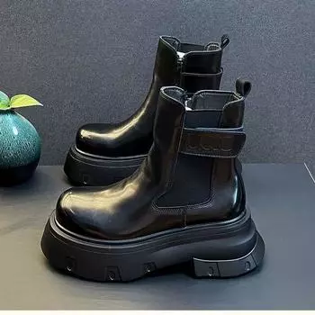 2025 Men s Black Thin Velvet High-top Leather Spring New Trendy Short Heightening Chelsea Platform Boots 38